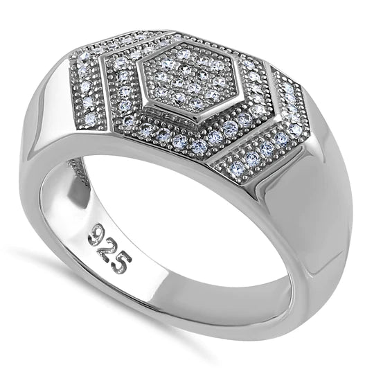 JB:SRZ6521 Sterling Silver Clear CZ Layered Hexagon Band Ring
