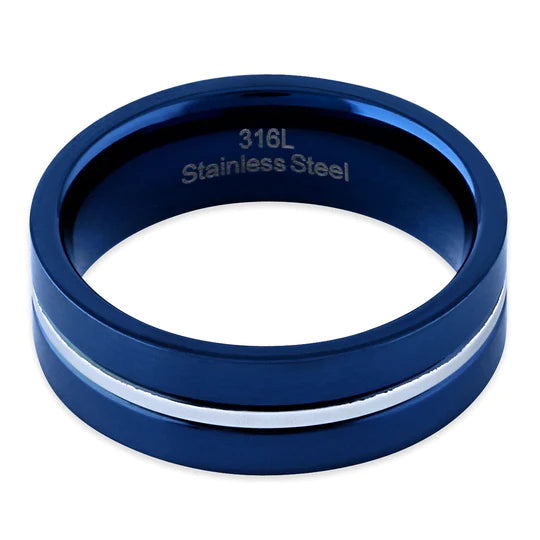 JB:TRP074 Blue Stainless Steel 6.5mm Satin Finish Striped Band Ring