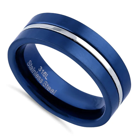JB:TRP074 Blue Stainless Steel 6.5mm Satin Finish Striped Band Ring