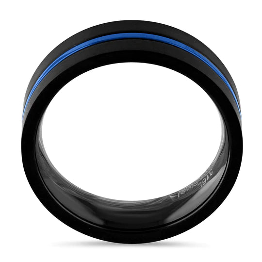 JB:TRP075 Black Stainless Steel 6.5mm Satin Finish Blue Striped Band Ring
