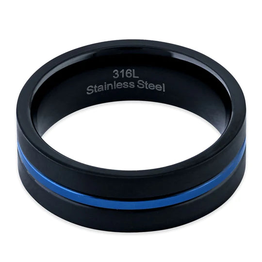 JB:TRP075 Black Stainless Steel 6.5mm Satin Finish Blue Striped Band Ring