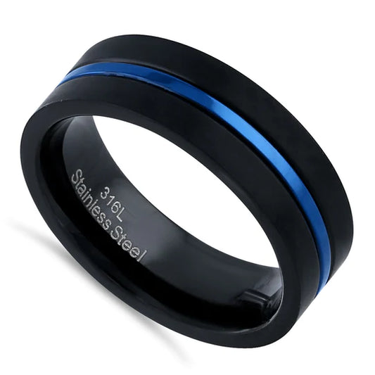 JB:TRP075 Black Stainless Steel 6.5mm Satin Finish Blue Striped Band Ring