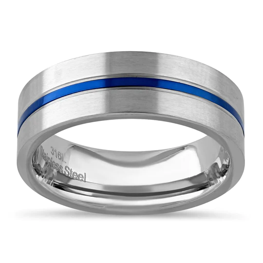 JB:TRP076 Stainless Steel 6.5mm Satin Finish Blue Striped Band Ring