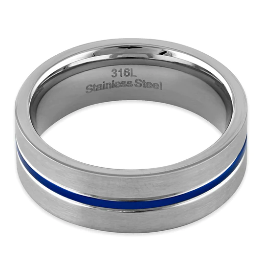 JB:TRP076 Stainless Steel 6.5mm Satin Finish Blue Striped Band Ring