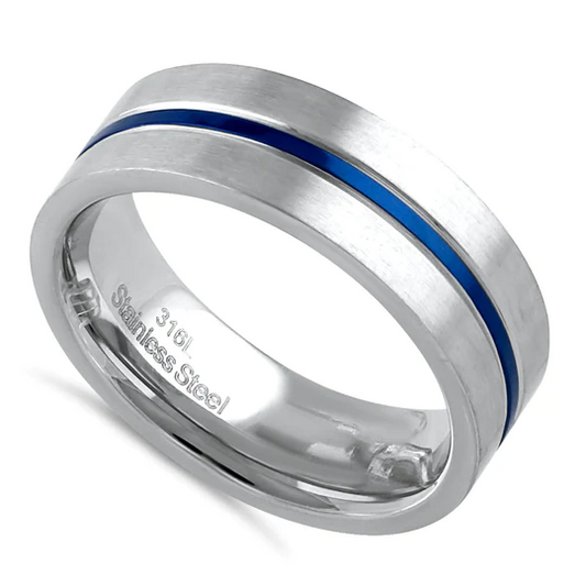 JB:TRP076 Stainless Steel 6.5mm Satin Finish Blue Striped Band Ring