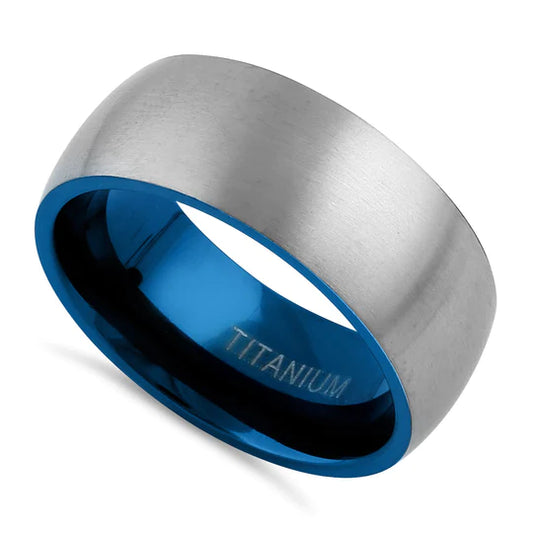 JB:TRP078 Titanium Silver and Blue 8mm Brushed Band Ring