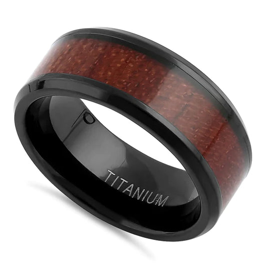 JB:TRP085 Titanium Black and Bubinga Wood 8mm Band Ring