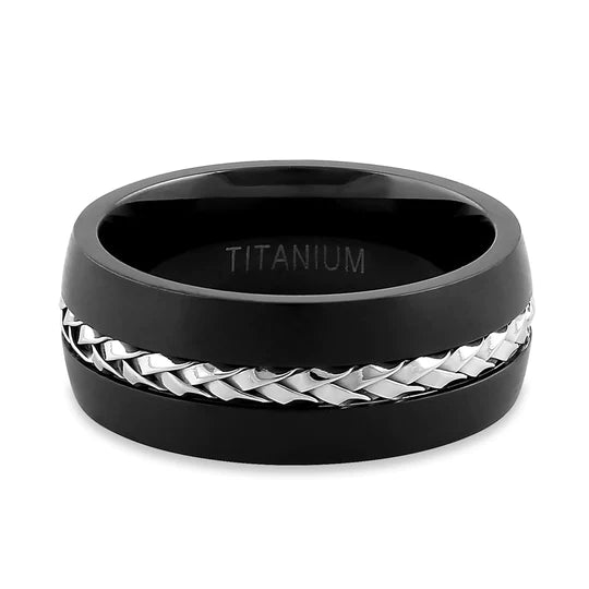 JB:TRP086 Titanium Black with Silver Steel Cable Band Ring