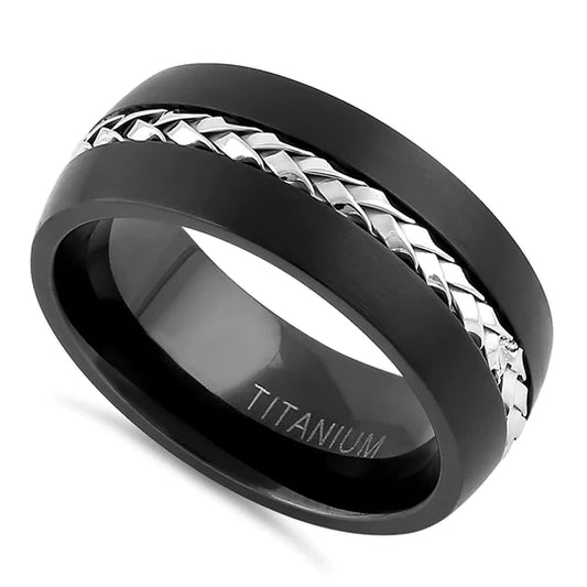 JB:TRP086 Titanium Black with Silver Steel Cable Band Ring