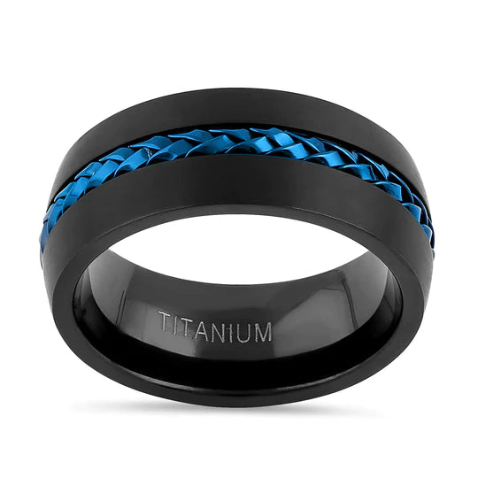 JB:RTP087 Titanium Black with Blue Steel Cable Band Ring