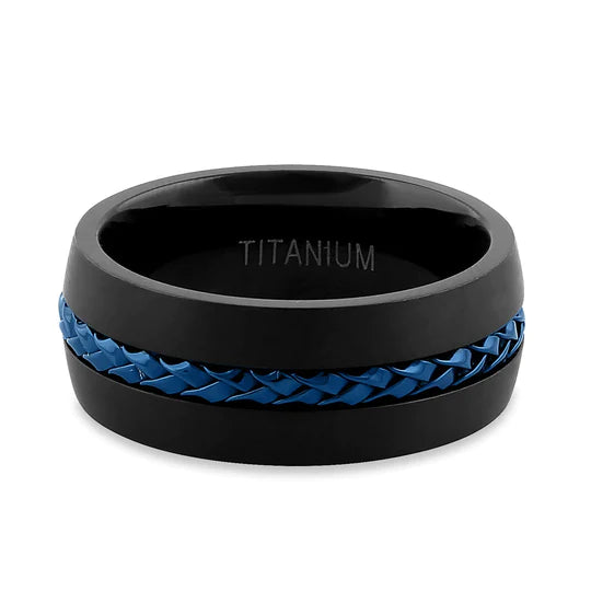 JB:RTP087 Titanium Black with Blue Steel Cable Band Ring