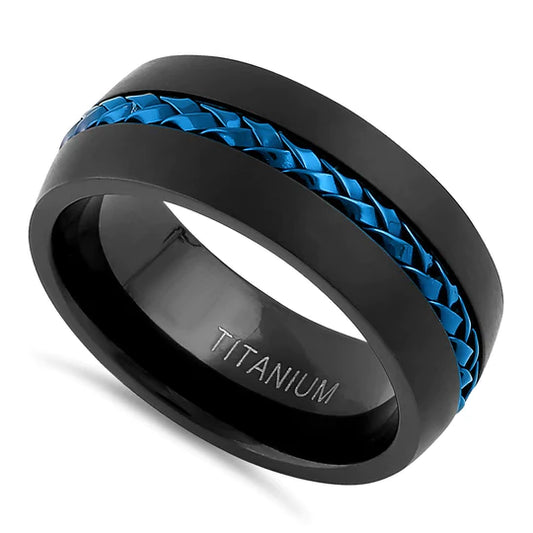 JB:RTP087 Titanium Black with Blue Steel Cable Band Ring