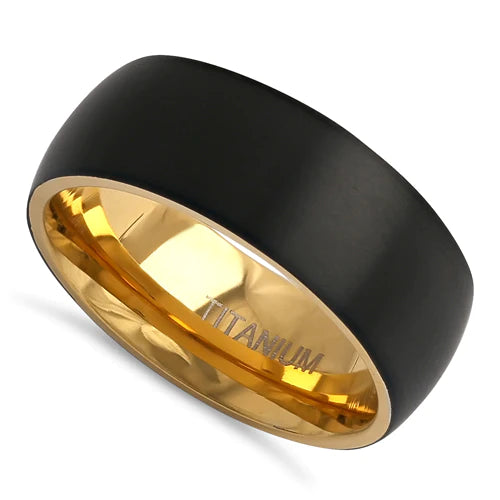 JB:TRK099 Titanium Black and Yellow Gold 8mm Brushed Band Ring