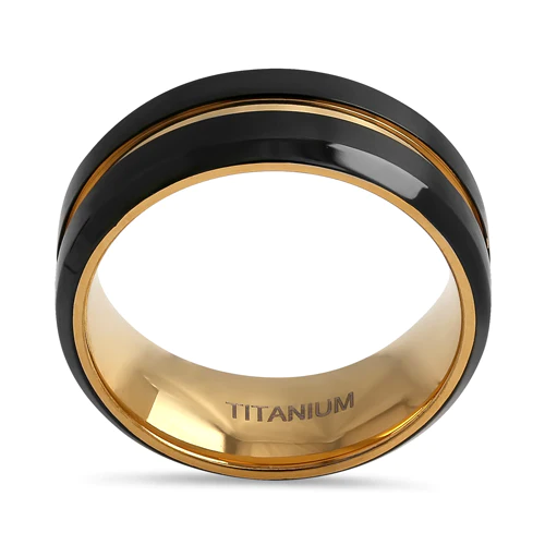 JB:TRK100 Titanium Black and Yellow Gold 8mm Brushed with Stripe Band Ring