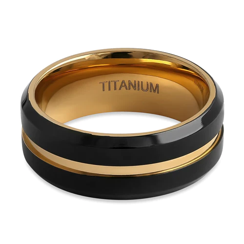 JB:TRK100 Titanium Black and Yellow Gold 8mm Brushed with Stripe Band Ring