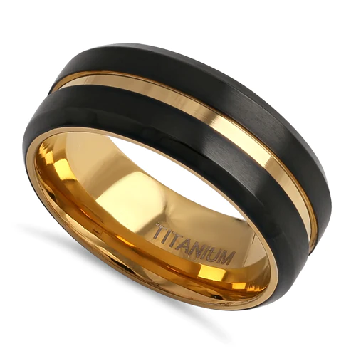 JB:TRK100 Titanium Black and Yellow Gold 8mm Brushed with Stripe Band Ring