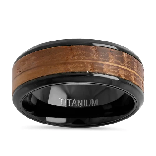 JB:TRP101 Titanium Black and Whisky Barrel Wood 8mm Band Ring