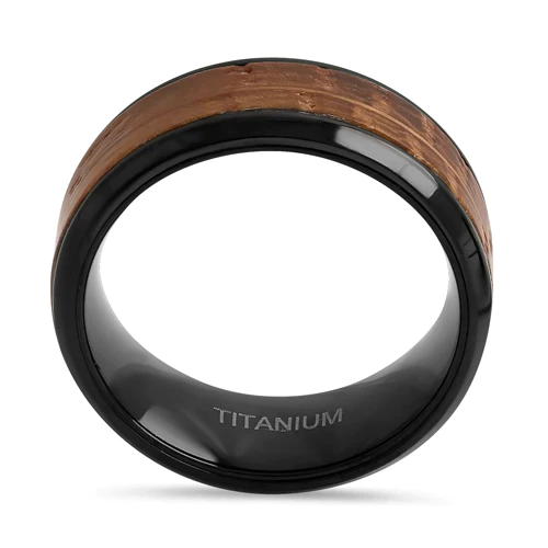 JB:TRP101 Titanium Black and Whisky Barrel Wood 8mm Band Ring