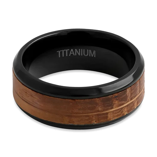 JB:TRP101 Titanium Black and Whisky Barrel Wood 8mm Band Ring
