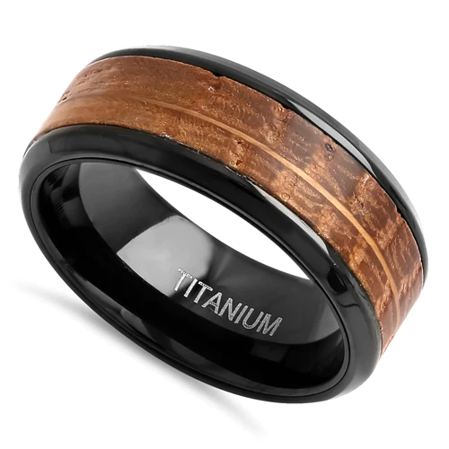 JB:TRP101 Titanium Black and Whisky Barrel Wood 8mm Band Ring