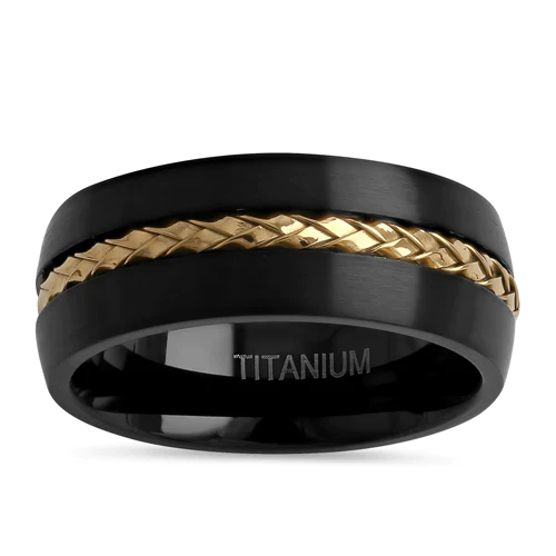 JB:TRP102 Titanium Black with Yellow Gold Steel Cable 8mm Band Ring