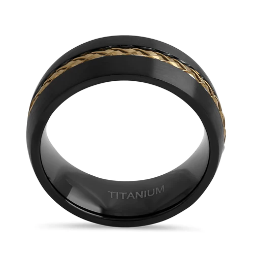 JB:TRP102 Titanium Black with Yellow Gold Steel Cable 8mm Band Ring