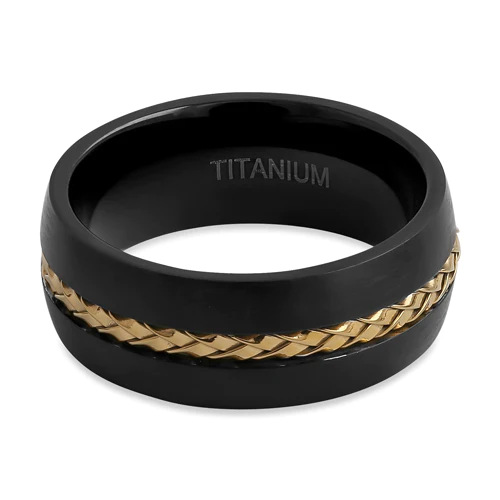 JB:TRP102 Titanium Black with Yellow Gold Steel Cable 8mm Band Ring