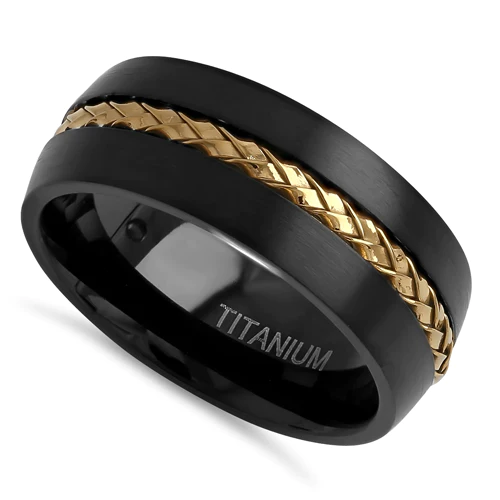 JB:TRP102 Titanium Black with Yellow Gold Steel Cable 8mm Band Ring