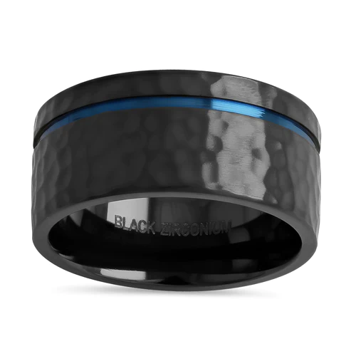 JB:TRK105 Black Zirconium with Blue Groove 10mm Hammered Brushed Band Ring
