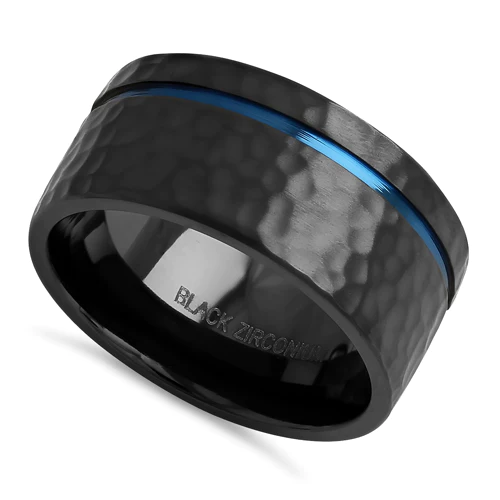 JB:TRK105 Black Zirconium with Blue Groove 10mm Hammered Brushed Band Ring
