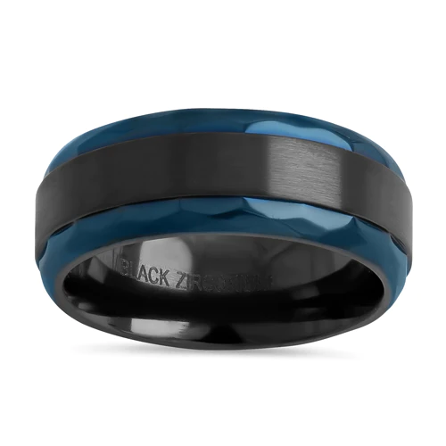 JB:TRP106 Black Zirconium 8mm Brushed Band with Blue Hammered Edges Band Ring