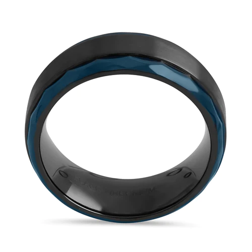 JB:TRP106 Black Zirconium 8mm Brushed Band with Blue Hammered Edges Band Ring