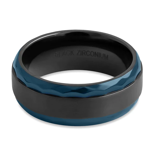 JB:TRP106 Black Zirconium 8mm Brushed Band with Blue Hammered Edges Band Ring