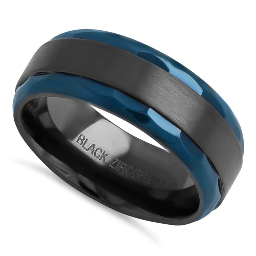 JB:TRP106 Black Zirconium 8mm Brushed Band with Blue Hammered Edges Band Ring