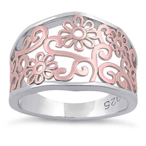 JB:SRP1299 Sterling Silver Two Tone Rose Gold Plated Plumeria Flower Ring