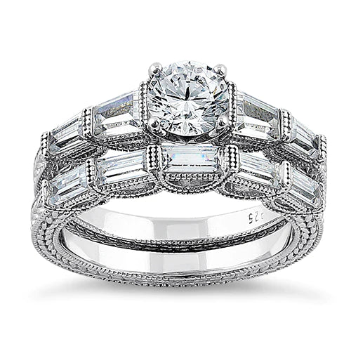 JB:SRZ6179 Sterling Silver Vintage Round & Baguette Cut Clear CZ Engagement Ring Set
