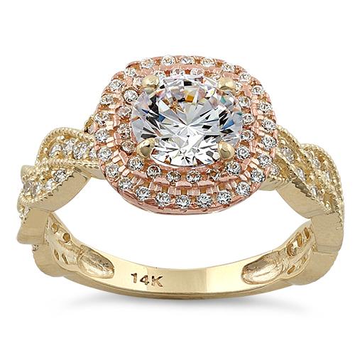 JB:ORZ002 Solid 14K Two Tone Yellow & Rose Gold Engagement Round Clear CZ Ring