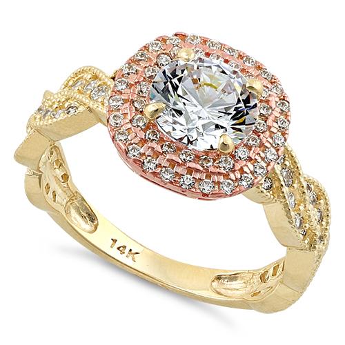 JB:ORZ002 Solid 14K Two Tone Yellow & Rose Gold Engagement Round Clear CZ Ring