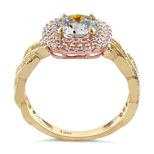 JB:ORZ002 Solid 14K Two Tone Yellow & Rose Gold Engagement Round Clear CZ Ring