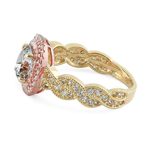 JB:ORZ002 Solid 14K Two Tone Yellow & Rose Gold Engagement Round Clear CZ Ring