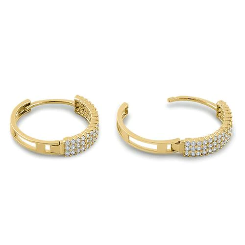 JB:OEZ053 Solid 14K Yellow Gold 2mm x 16.5mm Triple Row Clear CZ Hoop Earrings