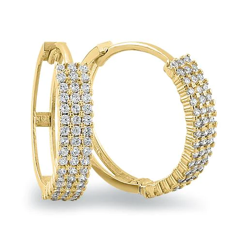 JB:OEZ053 Solid 14K Yellow Gold 2mm x 16.5mm Triple Row Clear CZ Hoop Earrings