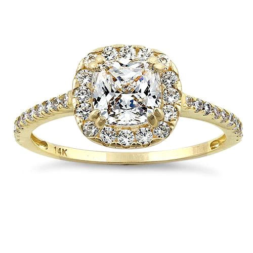 JB:ORZ005 Solid 14K Yellow Gold Cushion Halo Engagement Clear CZ Ring