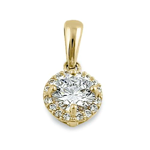 JB:OPZ004 Solid 14K Yellow Gold Round Halo Clear CZ Pendant