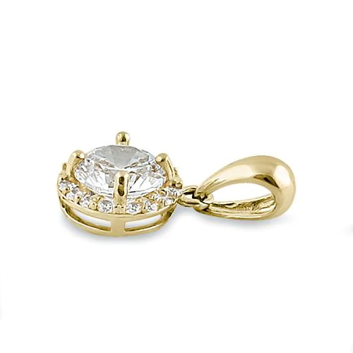 JB:OPZ004 Solid 14K Yellow Gold Round Halo Clear CZ Pendant
