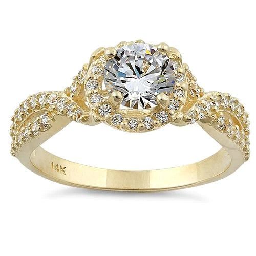 JB:ORZ006 Solid 14K Yellow Gold Twist Round Halo Engagement Clear CZ Ring