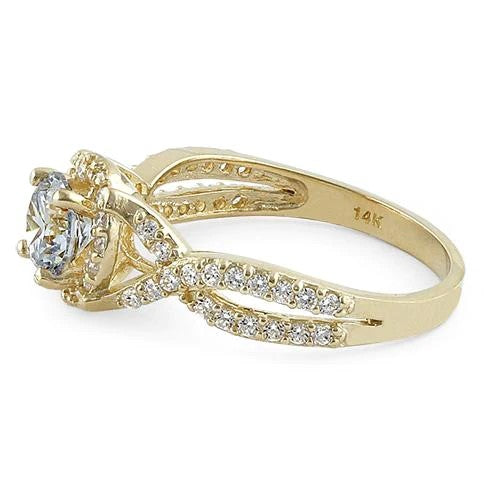 JB:ORZ006 Solid 14K Yellow Gold Twist Round Halo Engagement Clear CZ Ring
