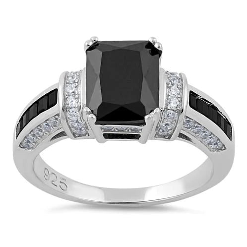 JB:SRZ5825 Sterling Silver Black Emerald Cut Black CZ Ring