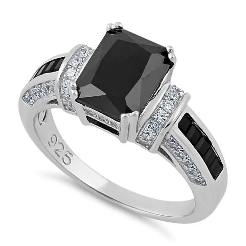 JB:SRZ5825 Sterling Silver Black Emerald Cut Black CZ Ring