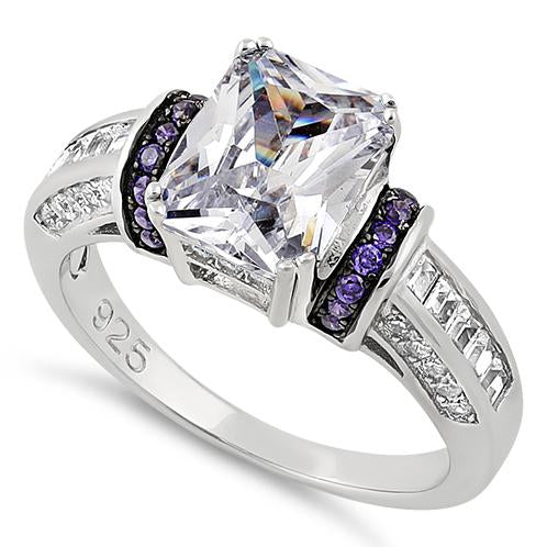JB:SRZ5824 Sterling Silver Clear Emerald Cut Amethyst CZ Ring